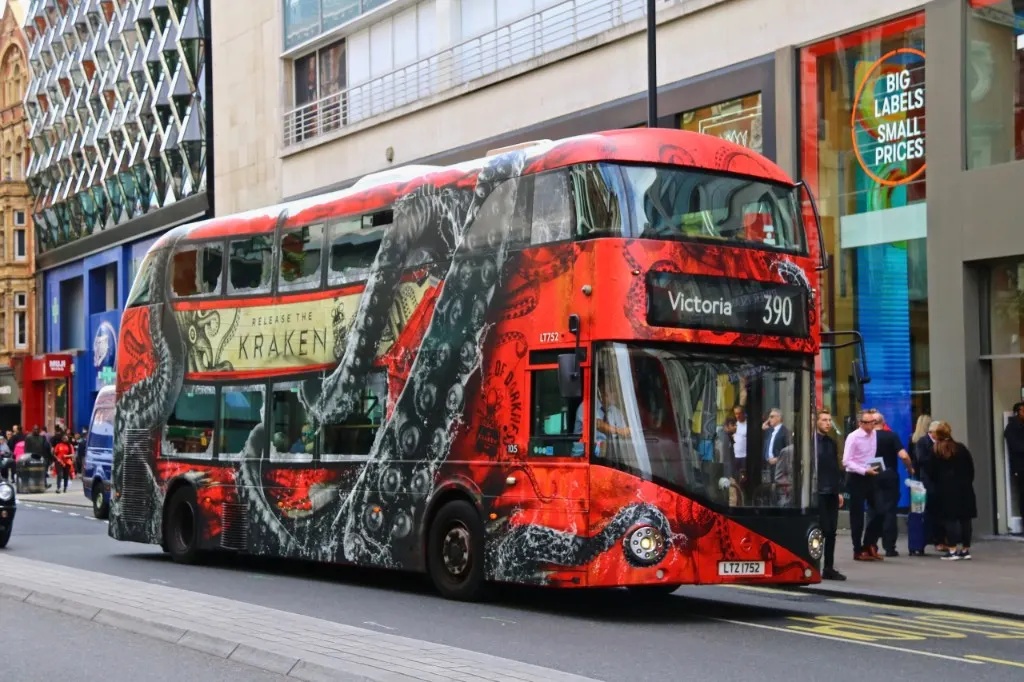 London bus with a full Kraken advertising wrap
